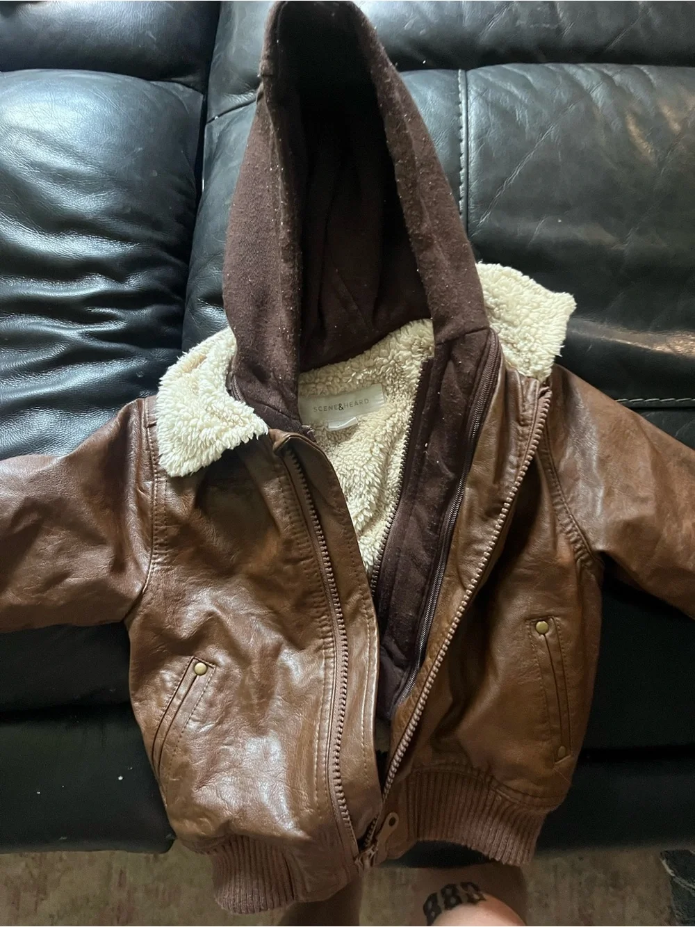 GAP Kids Brown Faux Leather Hooded Puffer Jacket with Sherpa Collar